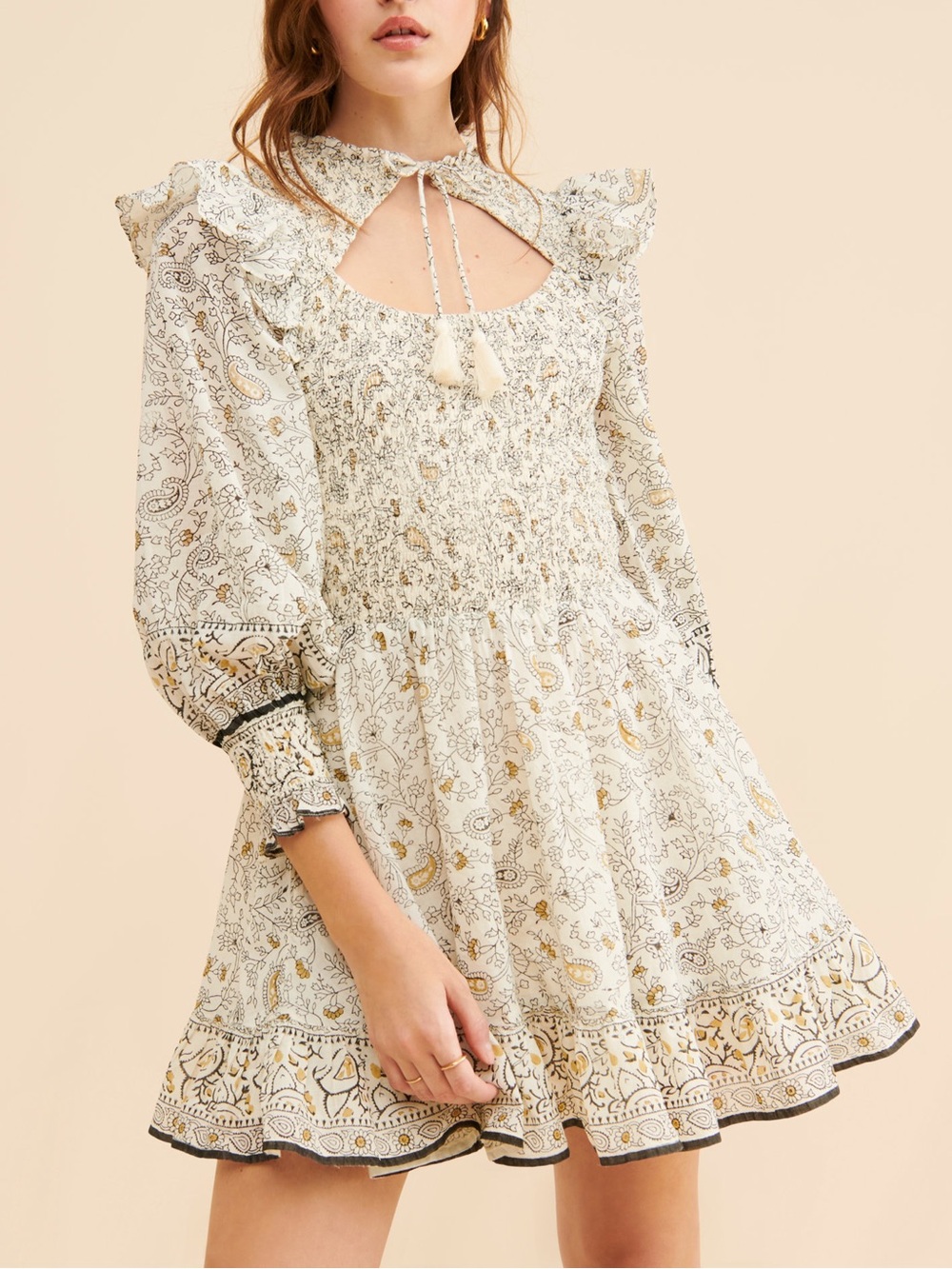 Cleobella Genesis Smocked Mini Dress XS Ivory Navy Gold Paisley